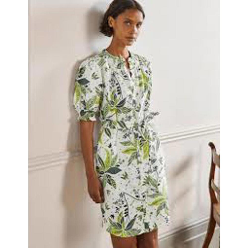 NWOT Boden Linen Puff Sleeve Smocked Dress Leaf Bird Print